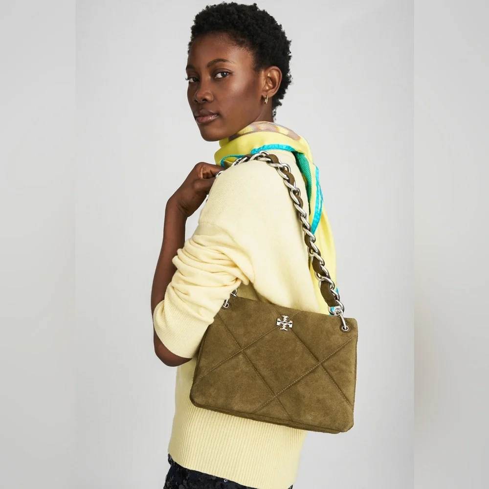 Tory Burch Kira Small Diamond-Quilted Suede Shoulder Bag - Deep Olive